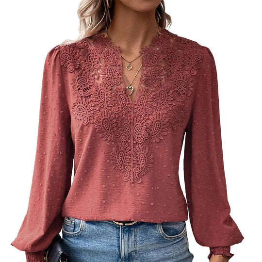 👗Delicate Lace, Sexy V-Neck👚 Women's Lace V-Neck Long Sleeve Top – Slim Fit | Elegant & Alluring ✨