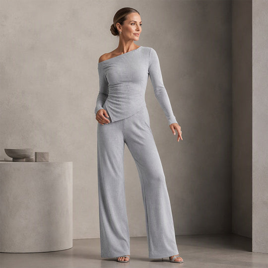 Women's Off-Shoulder Long Sleeve Top & Wide-Leg Pants Set