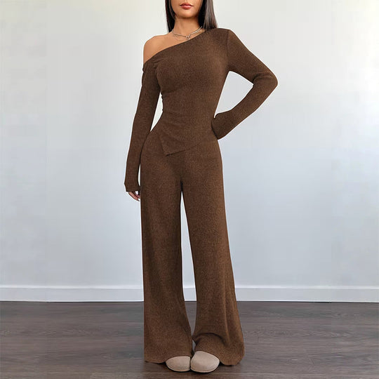 Women's Off-Shoulder Long Sleeve Top & Wide-Leg Pants Set