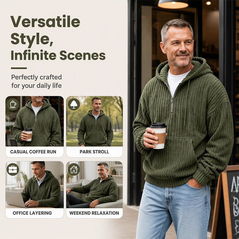 🧶 Men's Half-Zip Corduroy Hoodie | Casual Retro Texture – Easy Layer for Daily Wear ✨