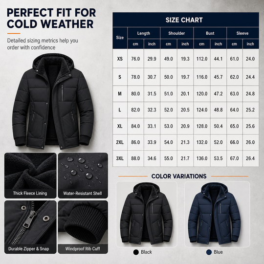 Men's Winter Fleece Lined Coat with Detachable Hood
