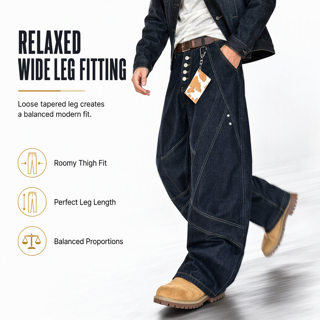 Men's American Vintage Curved Leg Wide Leg Jeans Deconstructed Raw Denim Button Fly Pants