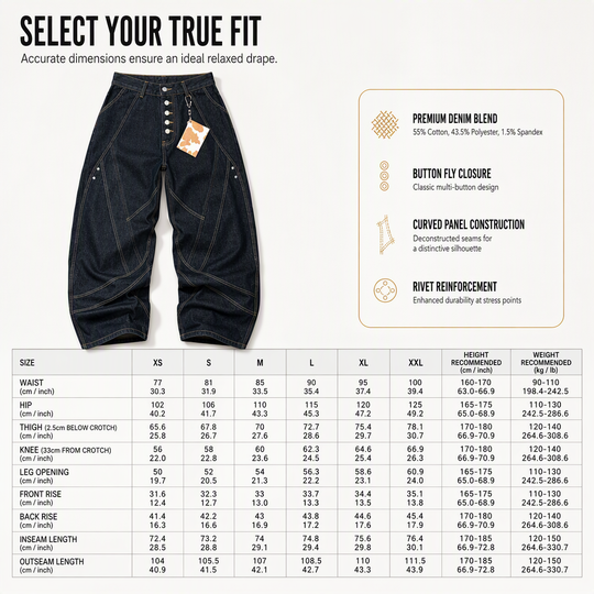 Men's American Vintage Curved Leg Wide Leg Jeans Deconstructed Raw Denim Button Fly Pants