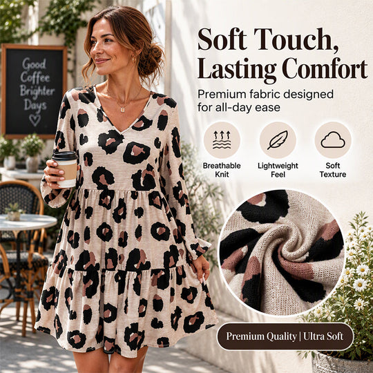 Women's Leopard Print V-Neck Long Sleeve Dress