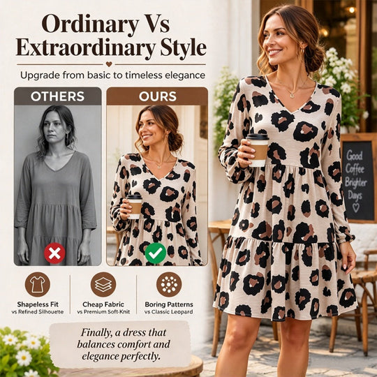 💖Black Friday Mega Deal – 50% off!💖 🐆Women's Leopard Print V-Neck Long Sleeve Dress