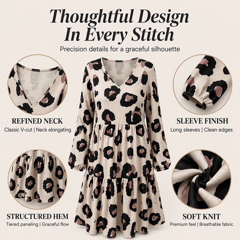 💖Black Friday Mega Deal – 50% off!💖 🐆Women's Leopard Print V-Neck Long Sleeve Dress