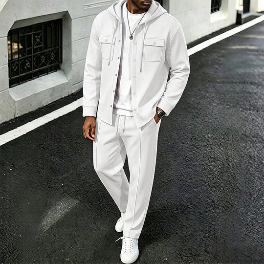 Men's Casual Waffle Hooded Jacket & Pants Set