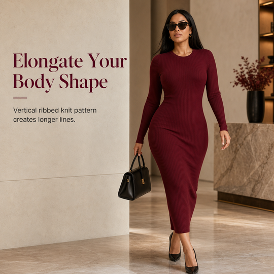 💖🌹 Women's Long Sleeve Rib Knit Crewneck Bodycon Maxi Dress