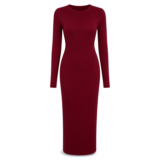 💖🌹 Women's Long Sleeve Rib Knit Crewneck Bodycon Maxi Dress