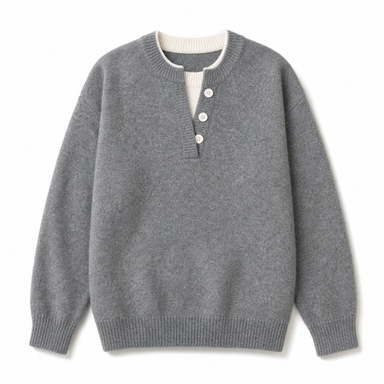 Casual Mock Two Piece V Neck Knit Sweater with Button Details