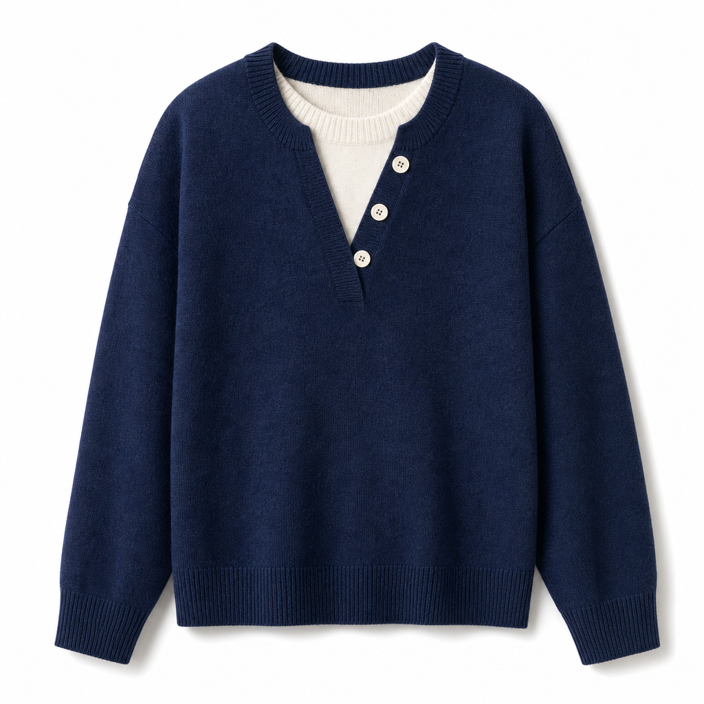 🌸Hot Sale 50% OFF💖Casual Mock Two Piece V Neck Knit Sweater with Button Details