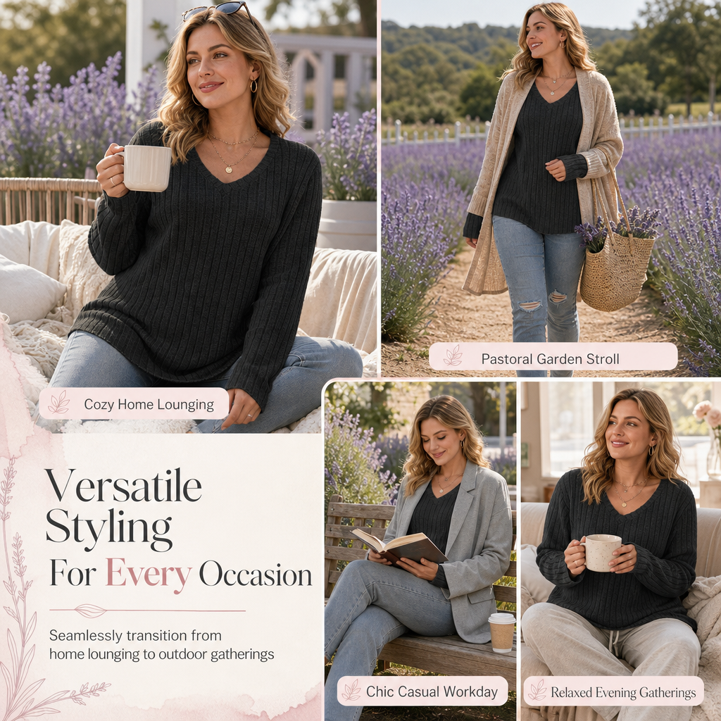 Women's Plus Size V Neck Long Sleeve Ribbed Brushed T-Shirt Loose Fit Solid Color Pullover Top