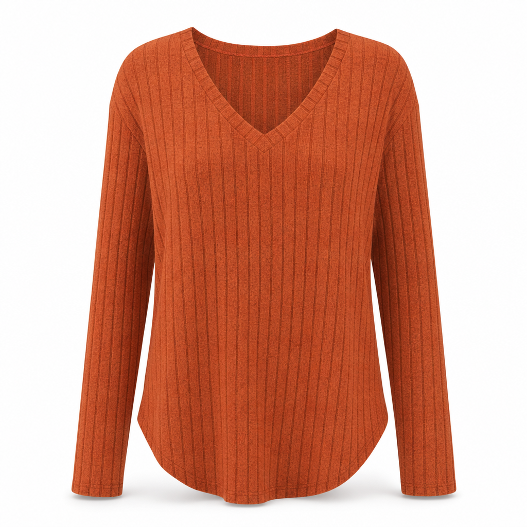 Women's Plus Size V Neck Long Sleeve Ribbed Brushed T-Shirt Loose Fit Solid Color Pullover Top