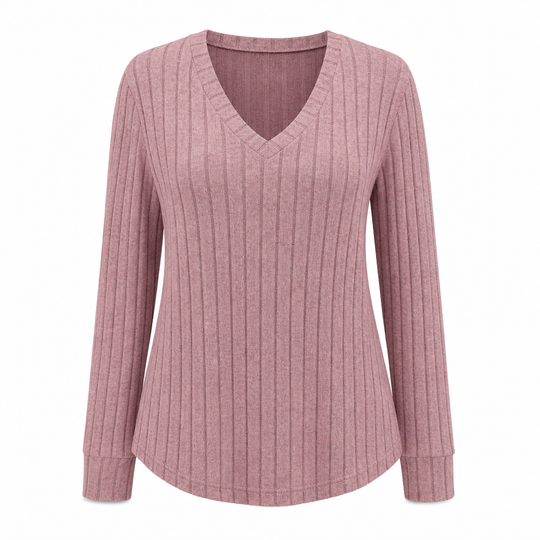 Women's Plus Size V Neck Long Sleeve Ribbed Brushed T-Shirt Loose Fit Solid Color Pullover Top