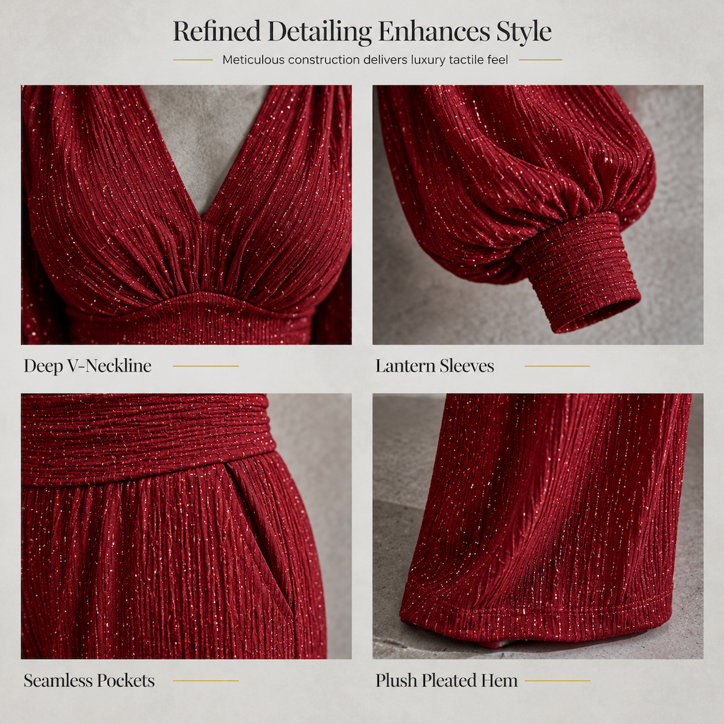 ✨ Women's Two Piece Outfit Fall Winter Deep V Neck Lantern Sleeve Pleated Top and Wide Leg Pants with Pockets