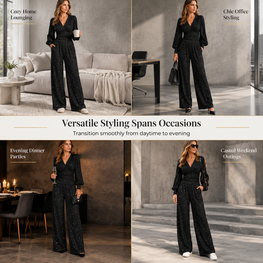 ✨ Women's Two Piece Outfit Fall Winter Deep V Neck Lantern Sleeve Pleated Top and Wide Leg Pants with Pockets