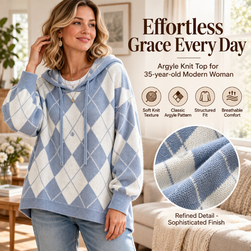 🍂 Classic Pattern, Cozy Layered Comfort | Women's Casual Argyle Hooded Sweater