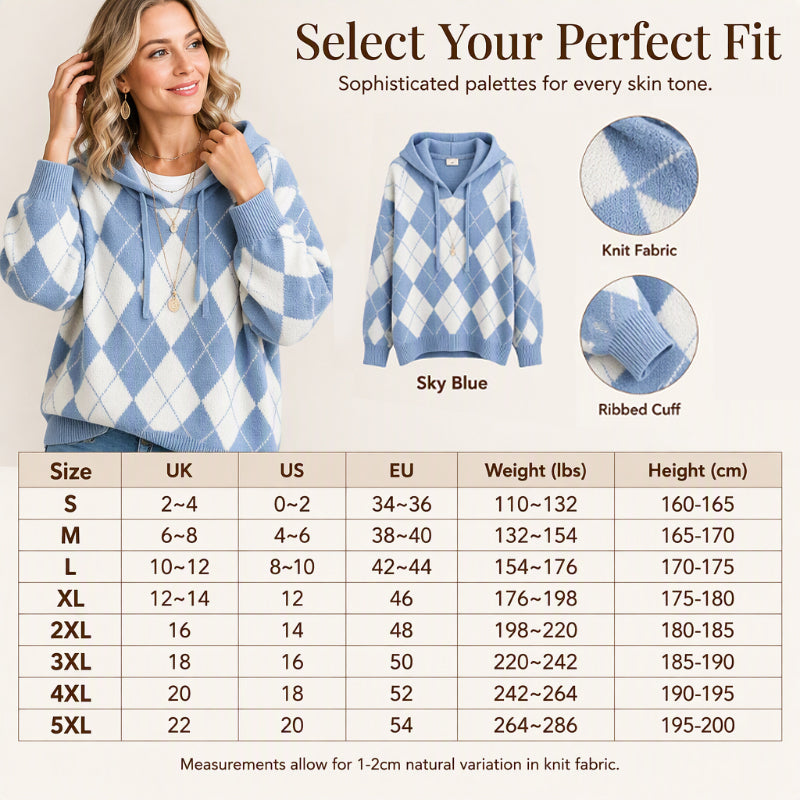 🍂 Classic Pattern, Cozy Layered Comfort | Women's Casual Argyle Hooded Sweater