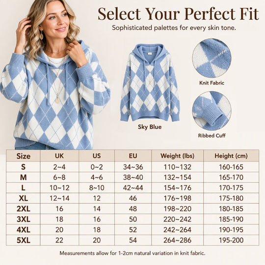 🍂 Classic Pattern, Cozy Layered Comfort | Women's Casual Argyle Hooded Sweater