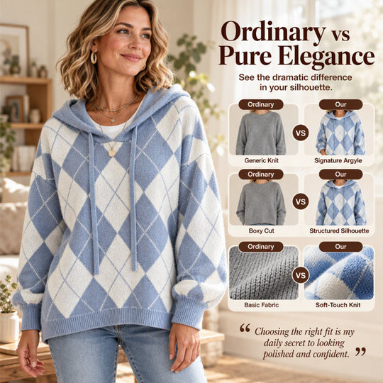 🍂 Classic Pattern, Cozy Layered Comfort | Women's Casual Argyle Hooded Sweater