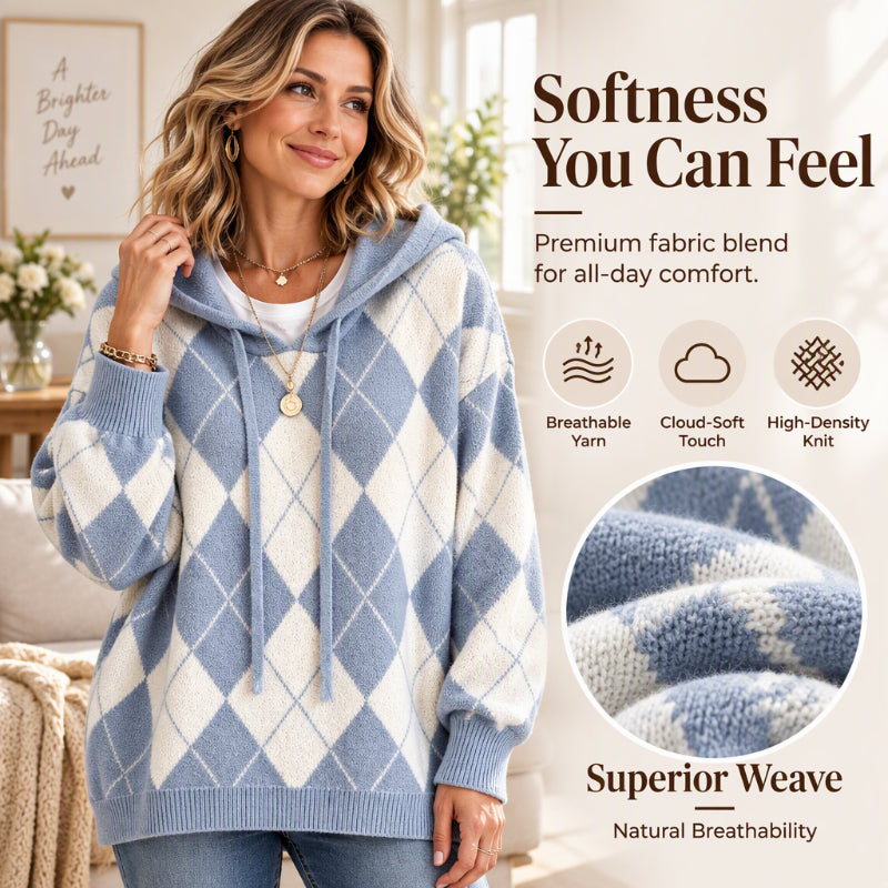 🍂 Classic Pattern, Cozy Layered Comfort | Women's Casual Argyle Hooded Sweater