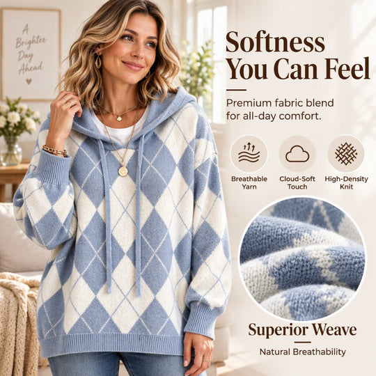 🍂 Classic Pattern, Cozy Layered Comfort | Women's Casual Argyle Hooded Sweater