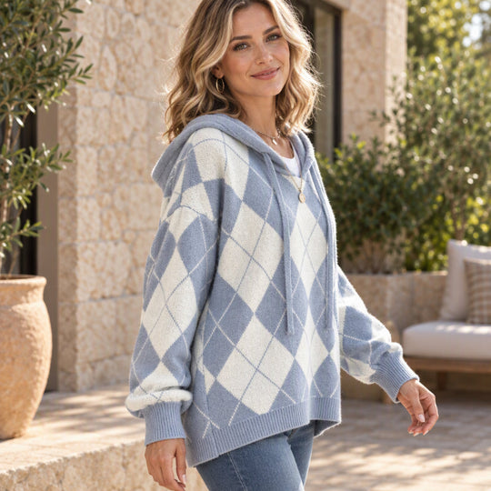 🍂 Classic Pattern, Cozy Layered Comfort | Women's Casual Argyle Hooded Sweater
