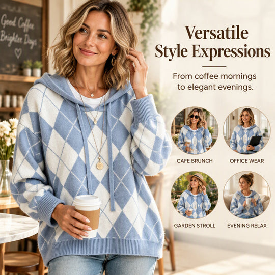 🍂 Classic Pattern, Cozy Layered Comfort | Women's Casual Argyle Hooded Sweater
