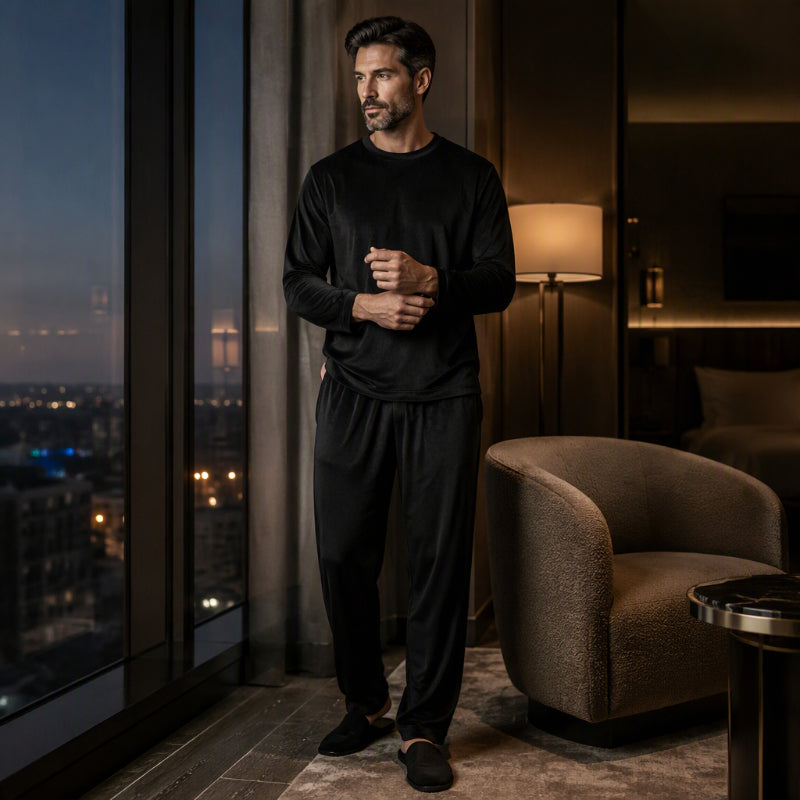 🌙 All-Night Warmth, Soft Velvet Feel | Men's Cozy Thermal Velvet Pajama Set