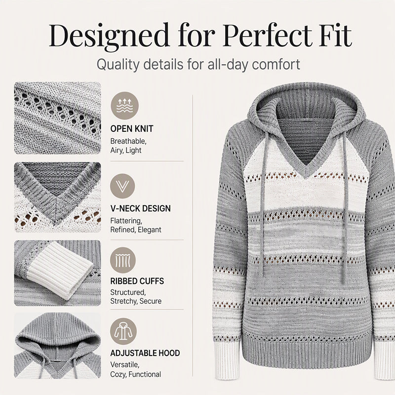 🧶 Bold Contrast Look, Airy Breathable Feel | Women's Color Block Hollow-Out Knit Hoodie