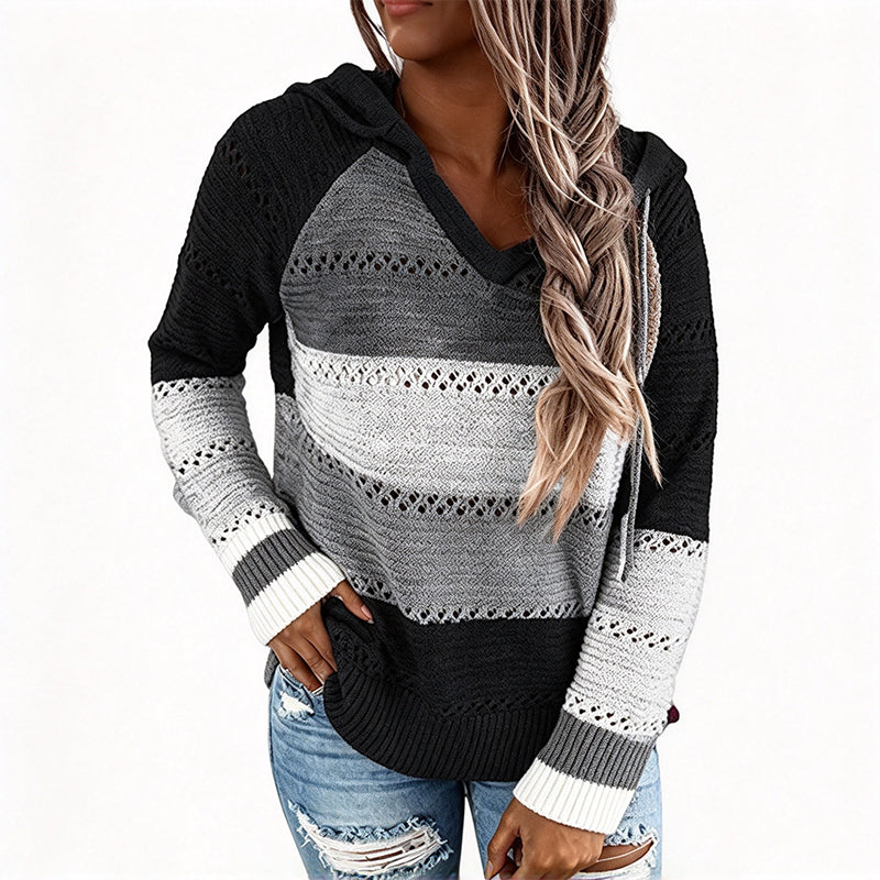 🧶 Bold Contrast Look, Airy Breathable Feel | Women's Color Block Hollow-Out Knit Hoodie