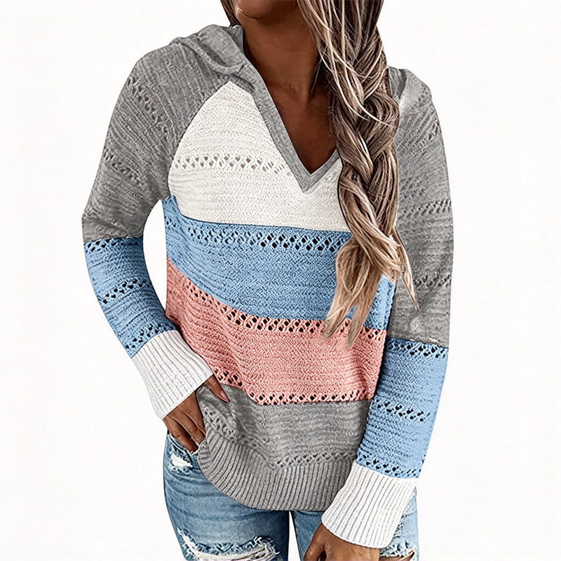 🧶 Bold Contrast Look, Airy Breathable Feel | Women's Color Block Hollow-Out Knit Hoodie