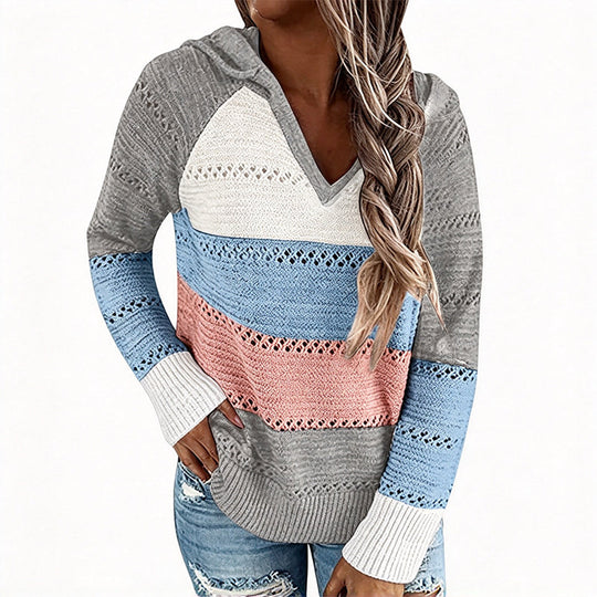 🧶 Bold Contrast Look, Airy Breathable Feel | Women's Color Block Hollow-Out Knit Hoodie