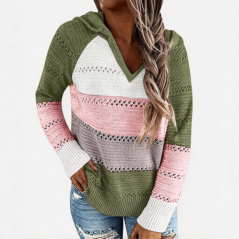 🧶 Bold Contrast Look, Airy Breathable Feel | Women's Color Block Hollow-Out Knit Hoodie