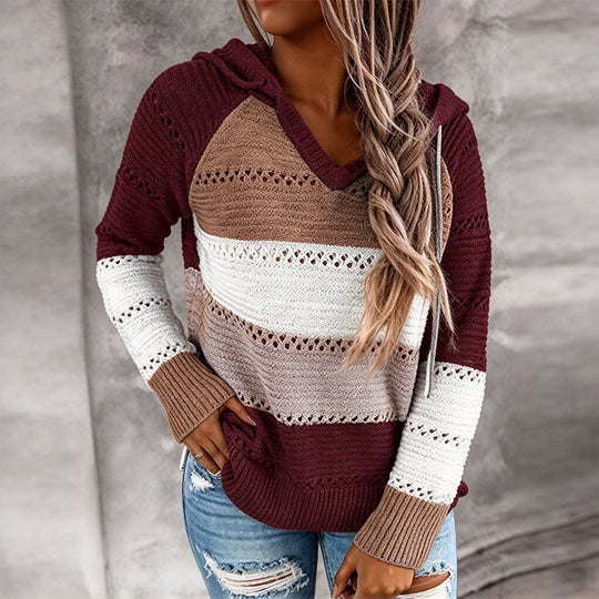 🧶 Bold Contrast Look, Airy Breathable Feel | Women's Color Block Hollow-Out Knit Hoodie