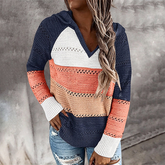 🧶 Bold Contrast Look, Airy Breathable Feel | Women's Color Block Hollow-Out Knit Hoodie