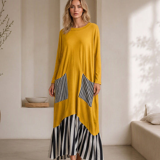 ✨Women's Striped Patchwork Long Sleeve Maxi Dress