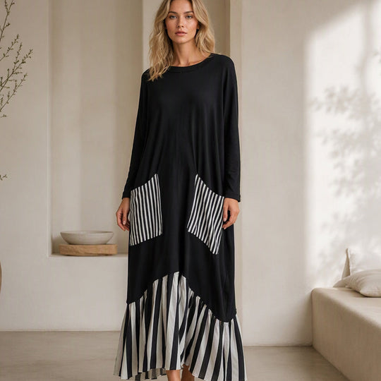 ✨Women's Striped Patchwork Long Sleeve Maxi Dress