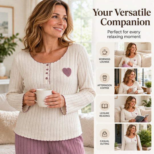 Women's Heart Embroidery Ribbed Pajama Set