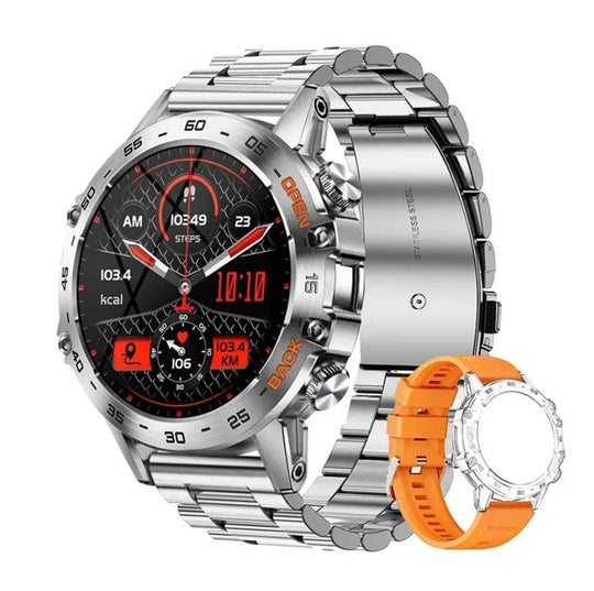 Men's military-style smartwatch with a 1,100-mAh battery, 1.7-inch AMOLED display, LED flashlight, IP68 water resistance, fitness watch with phone functionality, over 110 sport modes, heart rate and sleep tracking, compatible with iOS and Android
